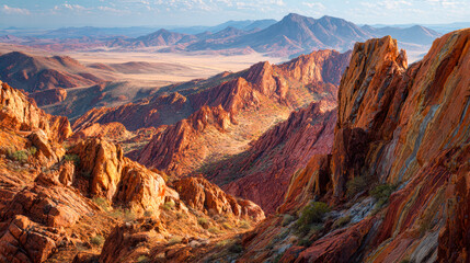 Obraz premium Vibrant red rock canyon landscape with rugged mountains in the distance
