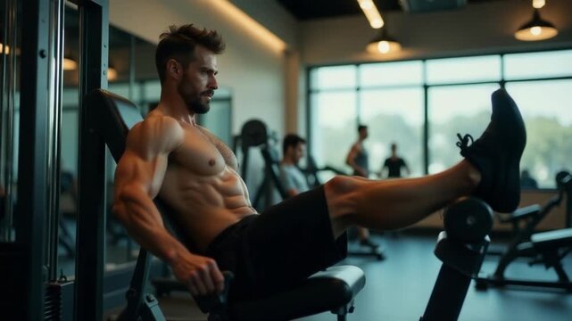 A shirtless man sitting on a bench in a gym, focusing on his breathing