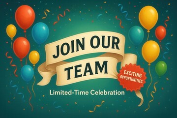 Join Our Team with Limited-Time Celebration and Exciting Opportunities banner, festive cartoon style, engaging retail promo offer.