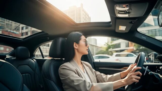 Confident woman driving through city streets in a modern car with sunroof