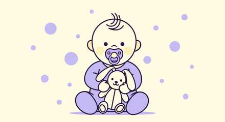 Cute Cartoon Baby With Pacifier and Stuffed Animal Toy Over Soft Background