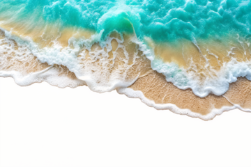 Aerial view of turquoise ocean wave on sandy beach, isolated on transparent background, perfect for summer vacation and travel themes with copy space
