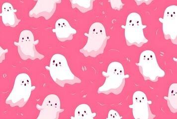 Cute and spooky cartoon ghosts seamless pattern on a vibrant pink background for halloween decorations and designs
