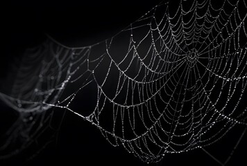 Intricate and delicate spider web glistening with dew drops against a dark moody and mysterious background