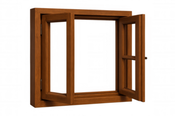 3d rendering of an open wooden window frame, ideal for architectural visualizations and interior design projects, featuring a transparent background for easy compositing