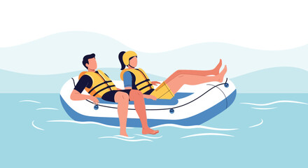 Obraz premium Couple Floating Relaxed in Raft on Calm Waters, Enjoying Peaceful Summer Getaway
