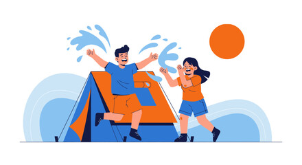 Couple having fun camping and playing with water at a summertime outdoor adventure