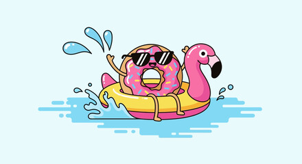 Cute cartoon illustration of a Donut enjoying summer vacation on a flamingo floatie