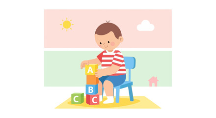 Cute cartoon illustration of a child playing with alphabet blocks during playtime