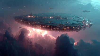 Huge, disc-shaped, alien spacecraft hovering above stormy clouds.  Many smaller craft surround it