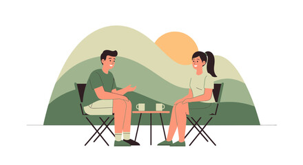 Couple Relaxes And Talks Outdoors While Enjoying Beverage And Scenic Landscape View