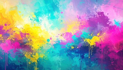 Dynamic abstract background with vibrant paint splatters, drips, and bold brush strokes in yellow, pink, blue, and purple colors.
