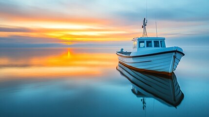 Naklejka premium Serene sunrise over calm coastal waters featuring a white fishing boat in tranquil setting