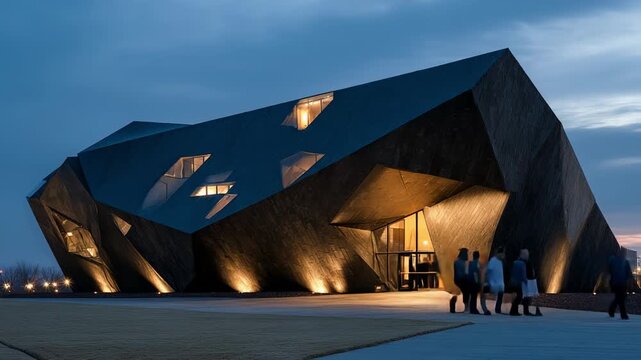 A striking structure stands boldly against a twilight sky, its unique angular features enhanced by soft lighting. The ambiance captures the essence of modern architecture, inviting exploration.