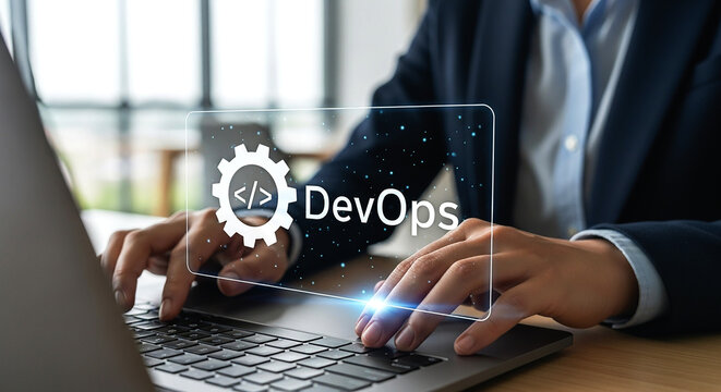Person typing on a laptop with a devops graphic overlay and a blurred background in an office setting