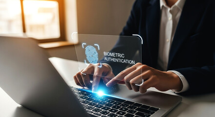 Person using biometric authentication on a laptop computer with a fingerprint interface overlayed