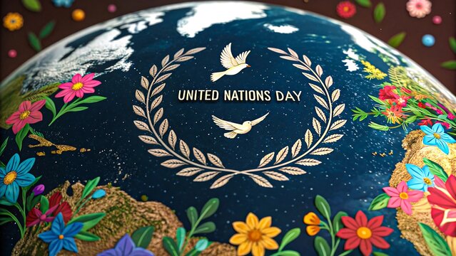Decorated globe with floral patterns and white dove design surrounding united nations day text, symbolizing peace, unity, and global celebration