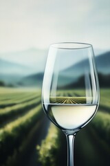 White wine glass with vineyard reflection, close-up