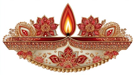 Diwali diya burning with mandala patterns on white background