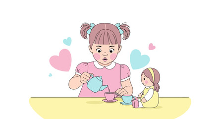 Cute illustration of a girl playing tea party with her doll and with hearts