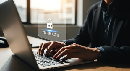 A person types on a laptop with a password protection graphic overlayed on the screen in an office space