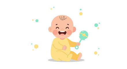 Cute Illustration of a Happy Baby with a Rattle and Bubbles on a White Background