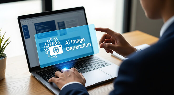 Man using laptop displaying ai image generation interface on screen in a modern office setting near plant