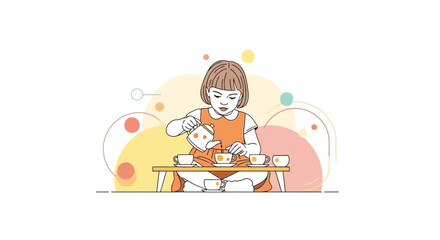 Cute illustration of a young girl happily playing a tea party with cups and a teapot