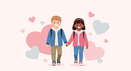 Cute illustration of two children holding hands with hearts in the background