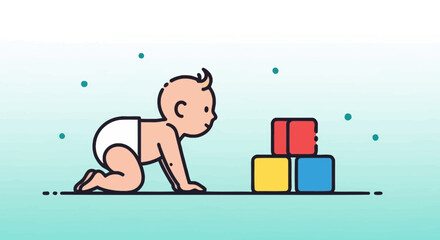 Cute Infant Crawling Towards Colorful Blocks Illustrating Early Childhood Education