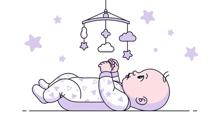 Cute Infant Lying Down Looking Up at Crib Mobile and Staring at the Toys