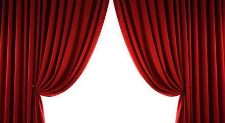 Red theater curtains opening to white background  
isolate