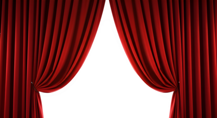 Red theater curtains opening to white background  
isolate