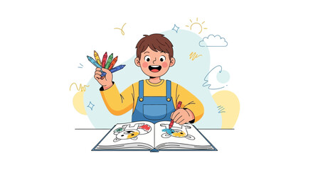 Creative Coloring Fun: Young Boy Joyfully Uses Crayons to Fill His Sketchbook Pages
