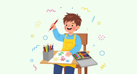Cute little boy drawing with pencils on paper while smiling and sitting at table