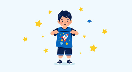 Cute Little Boy Holding a T-shirt with a Rocket Design on a Light Blue Background