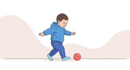 Cute little boy kicking a ball with happiness and excitement in an illustration