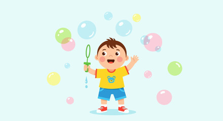 Cute Little Boy Playing with Soap Bubbles, Happy Child Illustration Vector