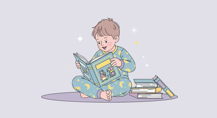 Cute Little Boy Reading a Book with a Pile of Books In Front Of Him