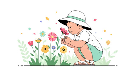 Cute little boy smelling a flower in a field of colorful vibrant flowers