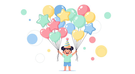 Cute little girl celebrating her birthday with colorful heart shaped balloons and stars