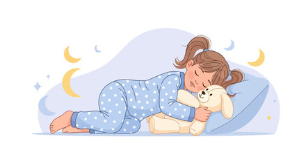 Cute Little Girl Sleeping with Teddy Bear in Bedroom at Night Time, Vector Illustration