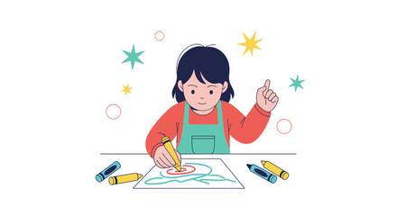 Cute little kid drawing with crayons, creative art and imagination concept illustration
