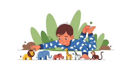 Cute little kid playing with different animal toys in a colorful illustration