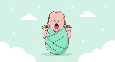 Cute newborn baby yawning in a swaddle with clouds and stars, cartoon vector design