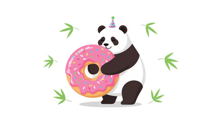 Cute panda holding a donut illustration with a party hat and bamboo leaves