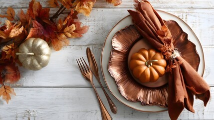 Elegant autumn table setting with miniature pumpkins napkins and fall leaves on a rustic white wooden surface