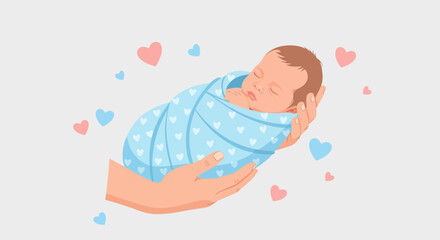 Cute newborn baby wrapped in a light blue blanket with pink and blue hearts