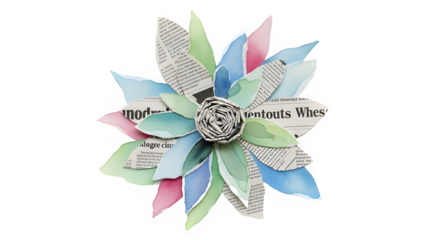 Colorful paper flower made from newspaper and colored leaves  Collage art, flower made of torn newspaper and watercolor textures, isolated on white background, modern mixed media style