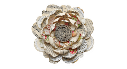 Decorative flower made from vintage paper with floral patterns  Collage flower art, peony made of paper textures, vintage letters, and fabric cutouts, isolated for Mixed media collage